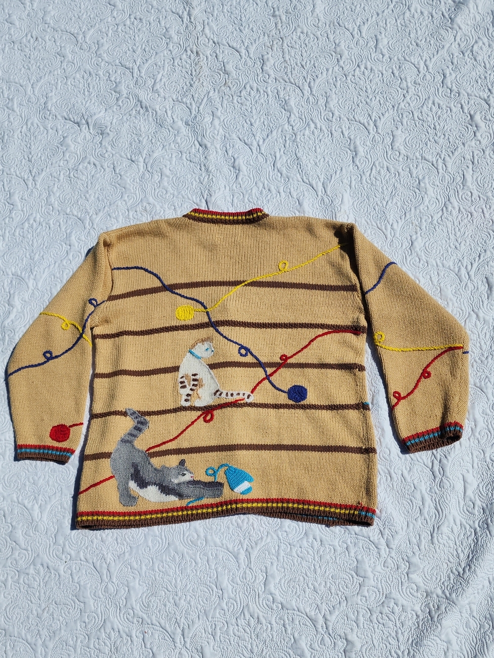 Storybook Knits Beige Cat Embroidered Cardigan with Multicolor Trim - Picture 2 of 16